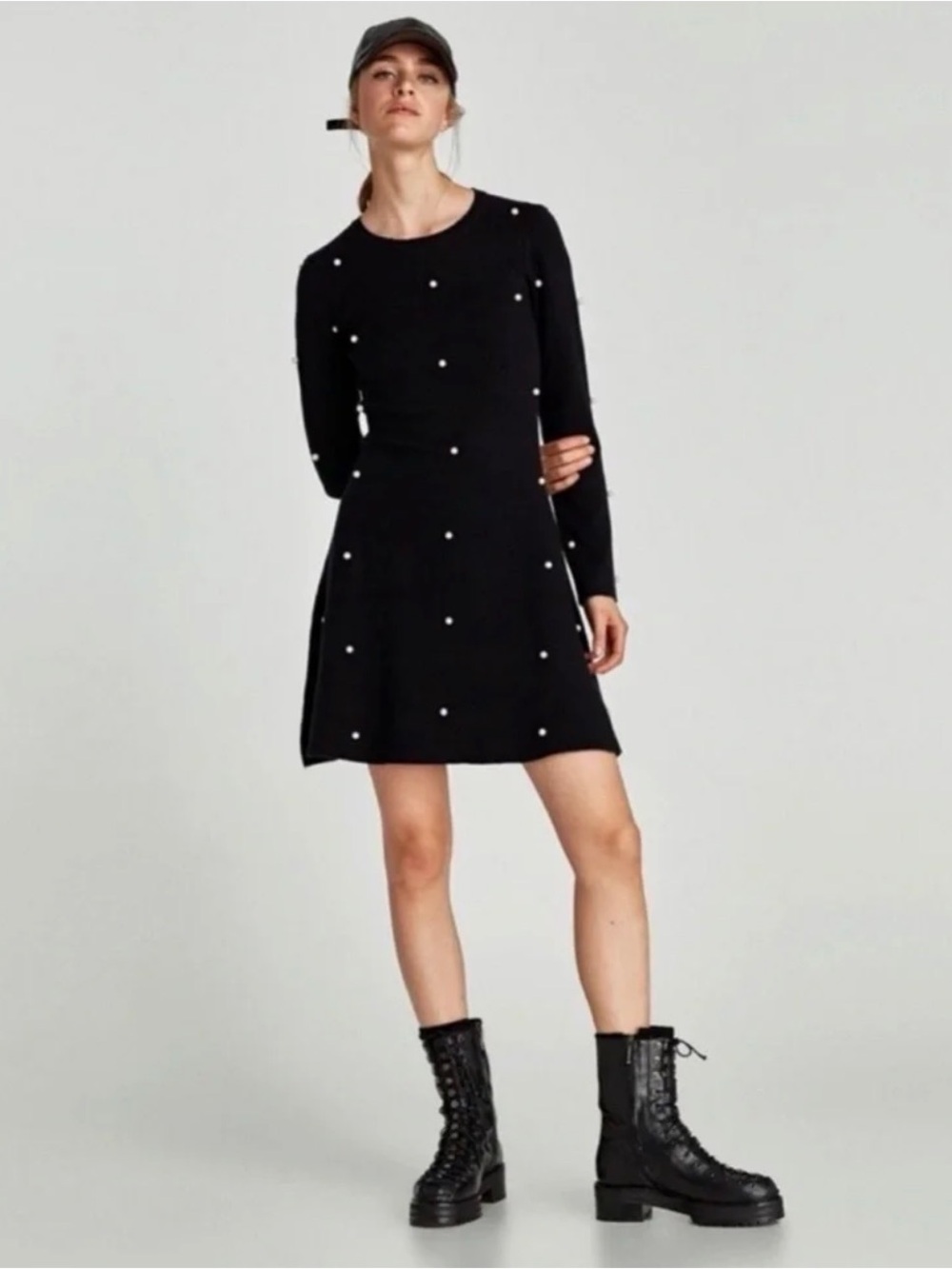 Zara Black Pearl Embellished Fit & Flare Knit Dress S